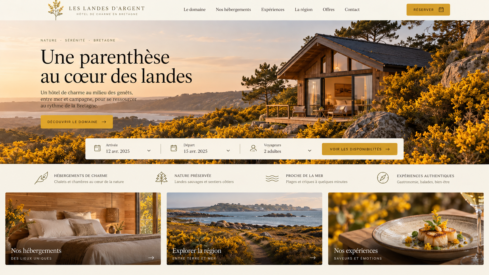 Illustration d’un site vitrine hôtelier avec un chalet et une interface de réservation.